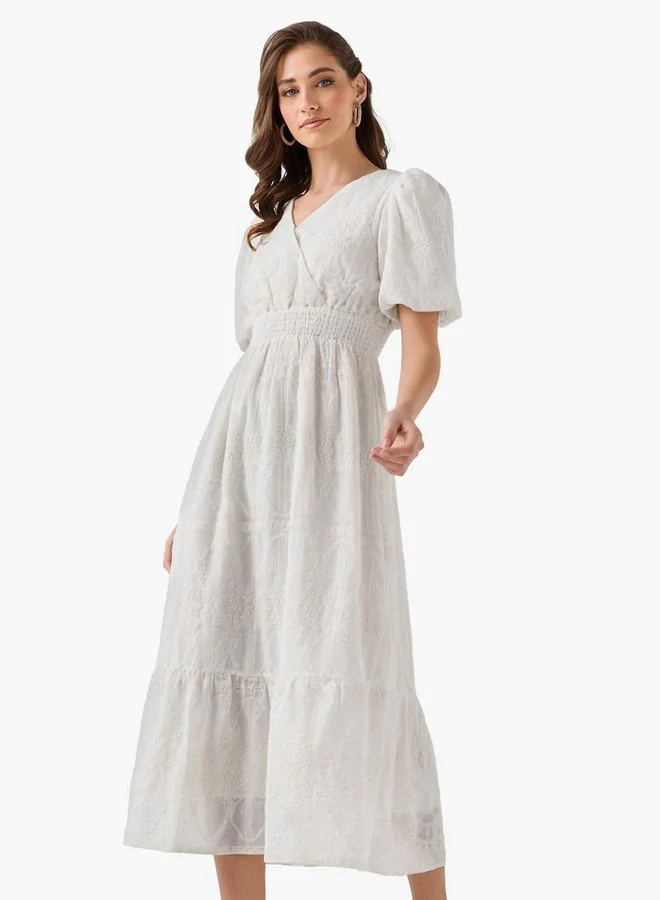 2Xtremz 2Xtremz Midi Dress with Puff Sleeves and Embroidery